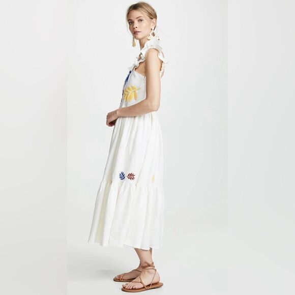 Carolina K Nika Linen Embroidered Florals Ruffle Tiered Spring Summer Dress S - Picture 1 of 10